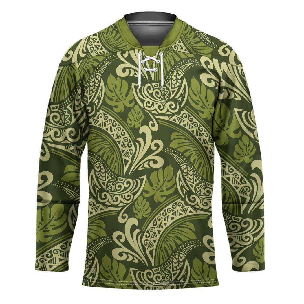 Olive Green Monstera Hockey Jersey Polynesian Tribal Pattern LT01 Unisex Green - Polynesian Pride