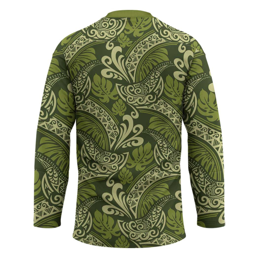 Olive Green Monstera Hockey Jersey Polynesian Tribal Pattern - Polynesian Pride