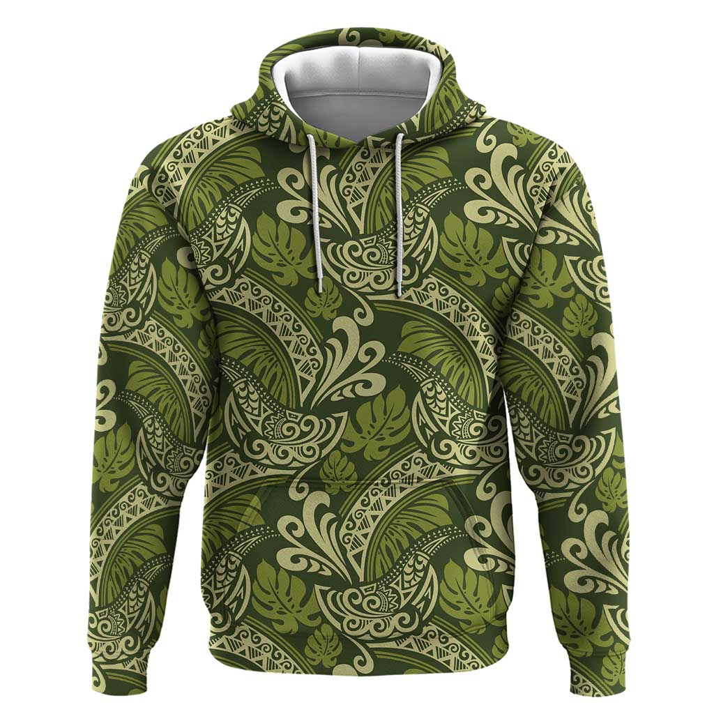 Olive Green Monstera Hoodie Polynesian Tribal Pattern LT01 Pullover Hoodie Green - Polynesian Pride