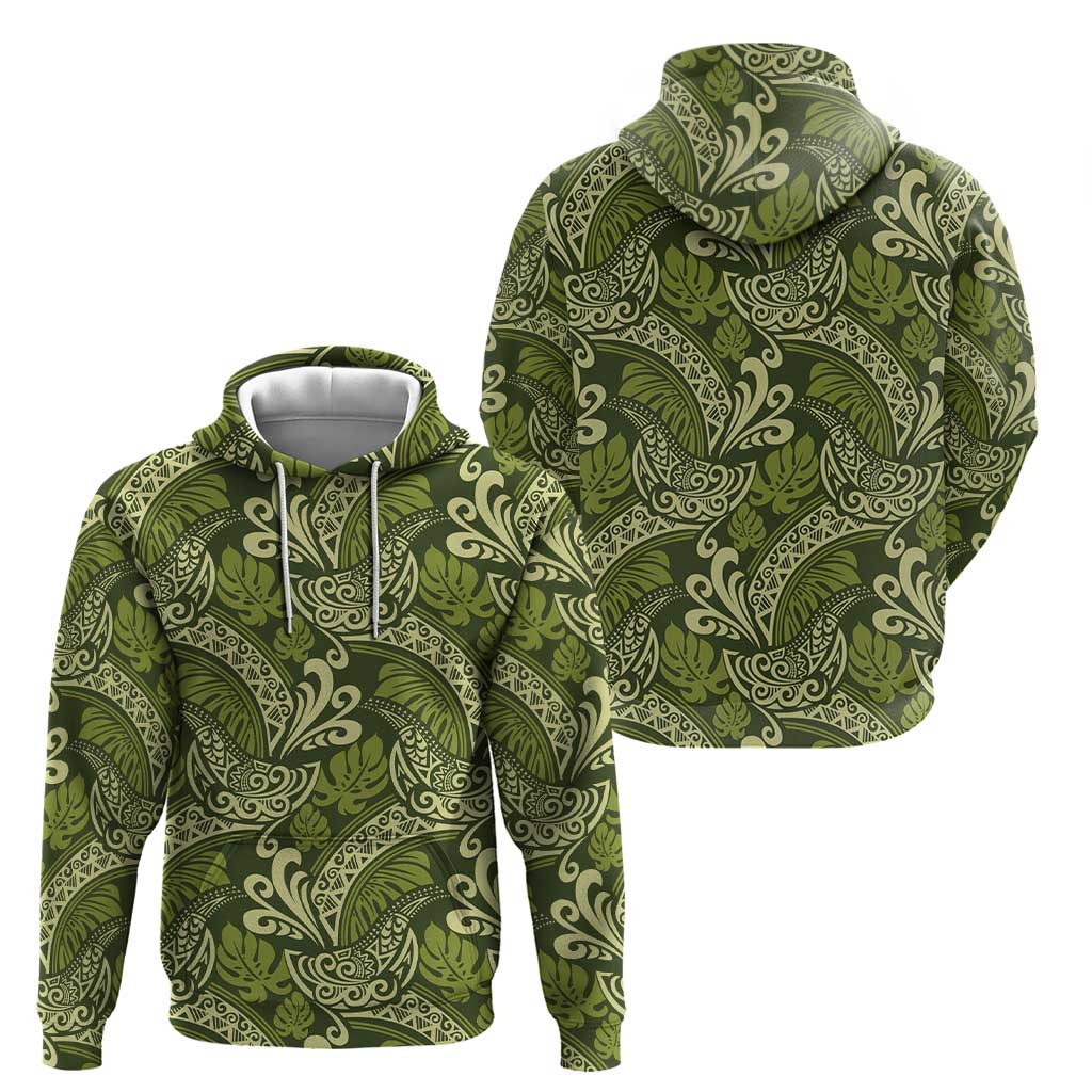 Olive Green Monstera Hoodie Polynesian Tribal Pattern - Polynesian Pride