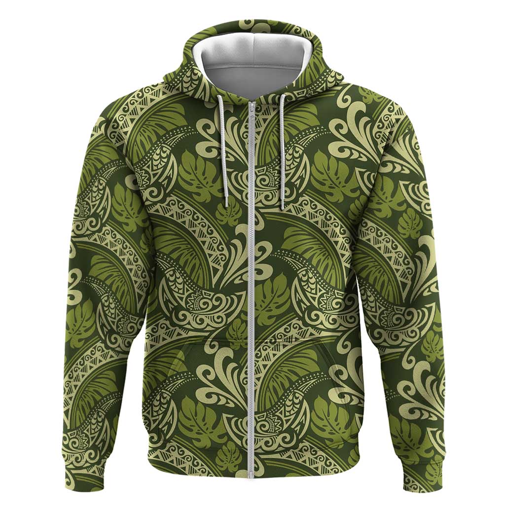 Olive Green Monstera Hoodie Polynesian Tribal Pattern - Polynesian Pride