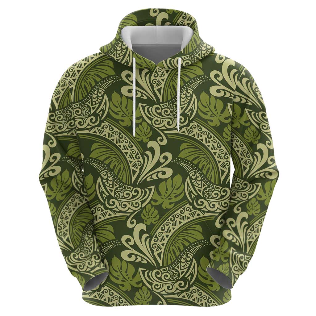 Olive Green Monstera Hoodie Polynesian Tribal Pattern - Polynesian Pride