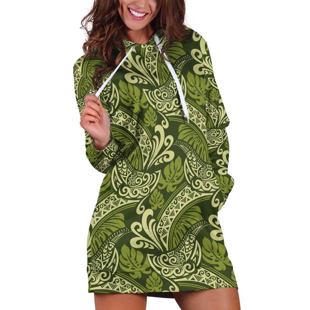 Olive Green Monstera Hoodie Dress Polynesian Tribal Pattern - Polynesian Pride