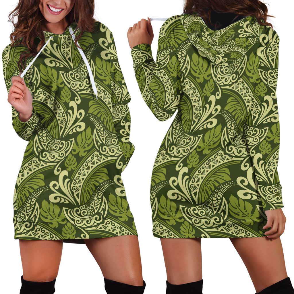 Olive Green Monstera Hoodie Dress Polynesian Tribal Pattern - Polynesian Pride