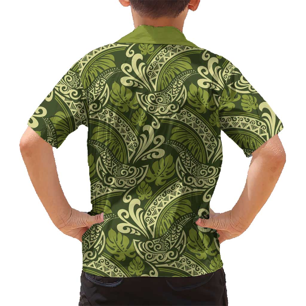 Olive Green Monstera Kid Hawaiian Shirt Polynesian Tribal Pattern - Polynesian Pride