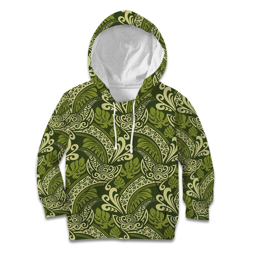 Olive Green Monstera Kid Hoodie Polynesian Tribal Pattern - Polynesian Pride