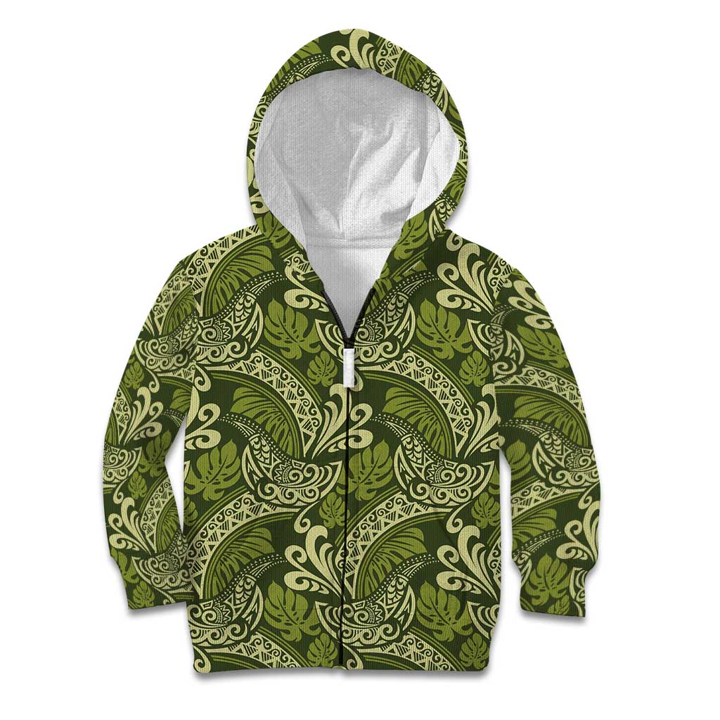 Olive Green Monstera Kid Hoodie Polynesian Tribal Pattern - Polynesian Pride