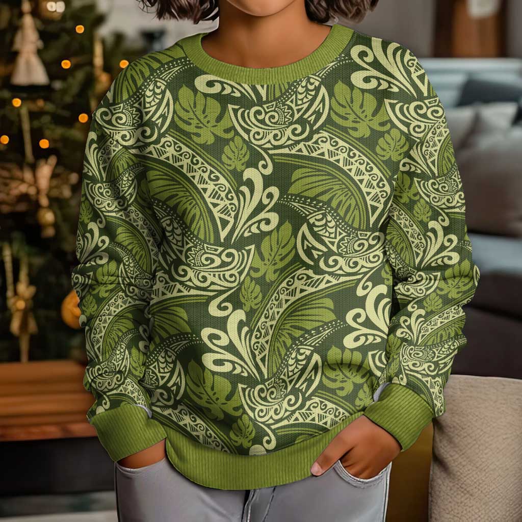 Olive Green Monstera Kid Ugly Christmas Sweater Polynesian Tribal Pattern - Polynesian Pride