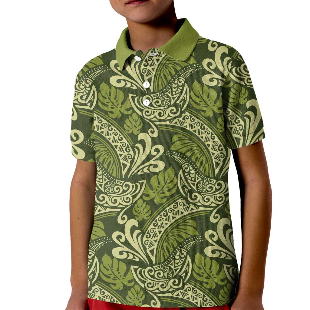 Olive Green Monstera Kid Polo Shirt Polynesian Tribal Pattern - Polynesian Pride