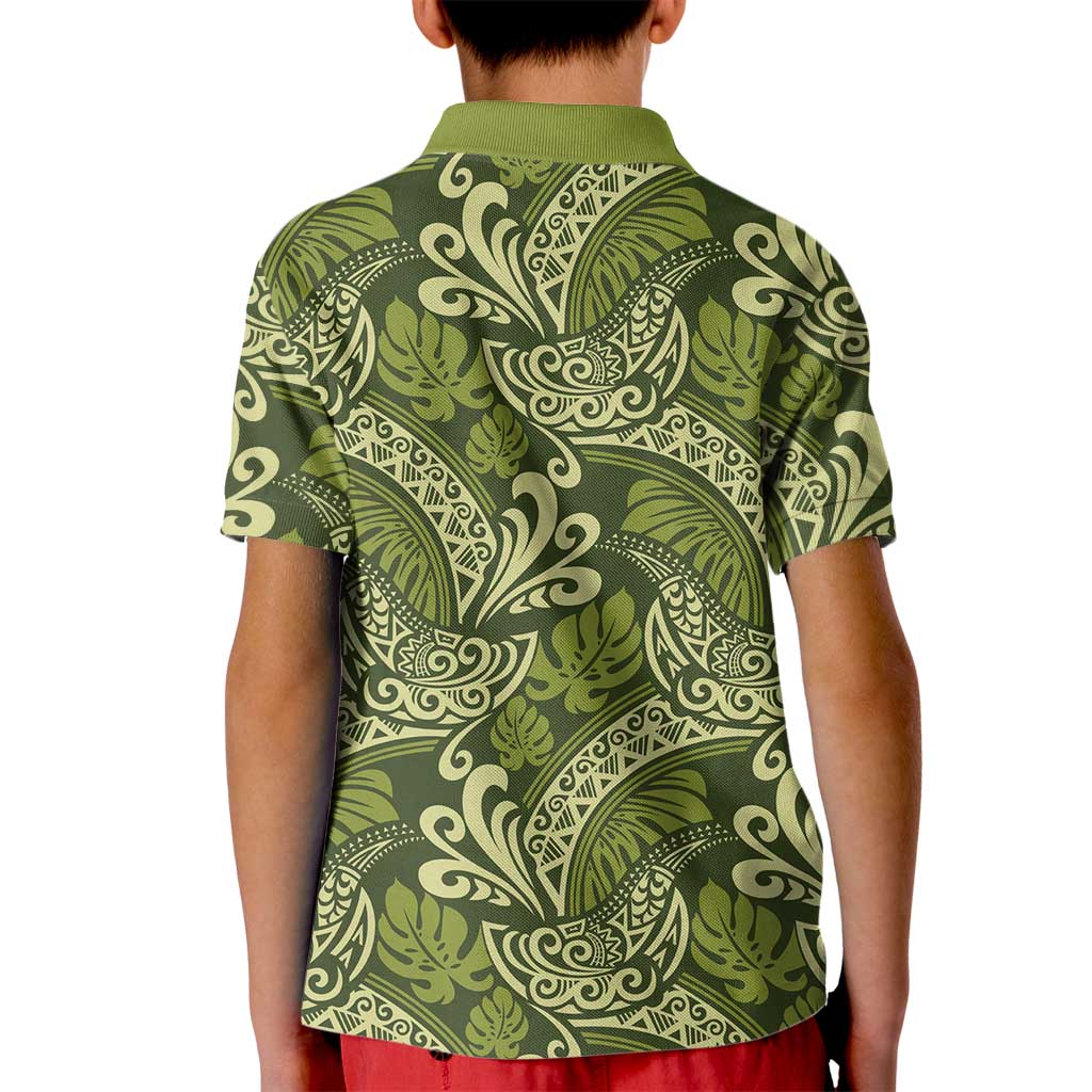 Olive Green Monstera Kid Polo Shirt Polynesian Tribal Pattern - Polynesian Pride