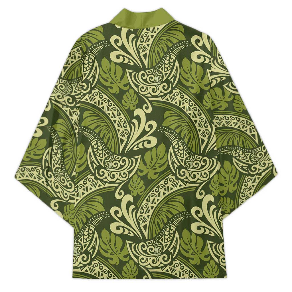 Olive Green Monstera Kimono Polynesian Tribal Pattern - Polynesian Pride