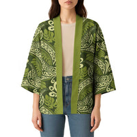 Olive Green Monstera Kimono Polynesian Tribal Pattern - Polynesian Pride