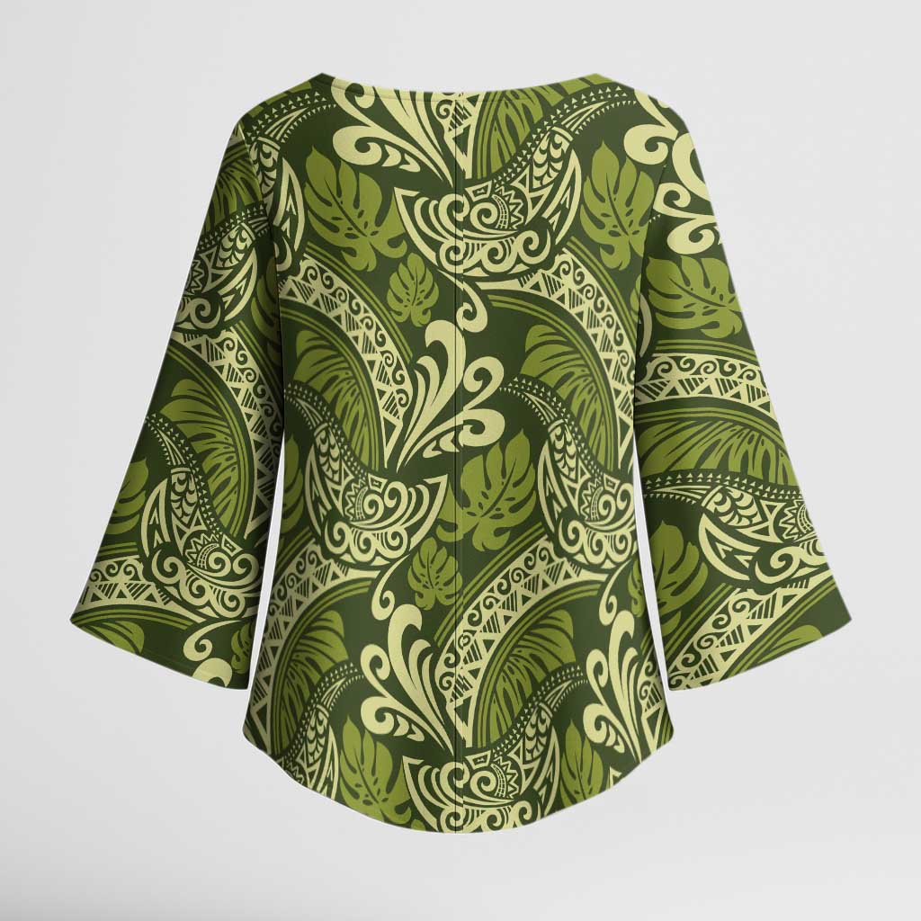 Olive Green Monstera Kimono Sleeve Blouse Polynesian Tribal Pattern - Polynesian Pride