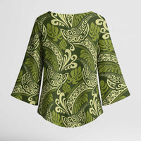 Olive Green Monstera Kimono Sleeve Blouse Polynesian Tribal Pattern - Polynesian Pride