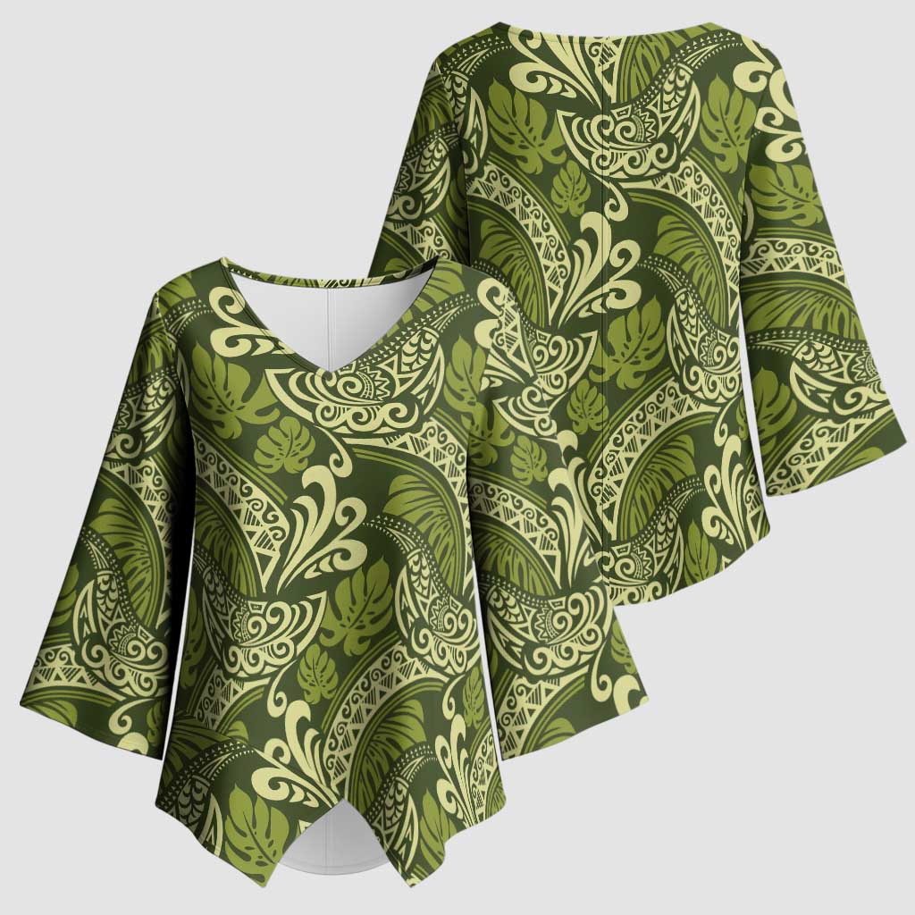 Olive Green Monstera Kimono Sleeve Blouse Polynesian Tribal Pattern - Polynesian Pride