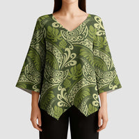 Olive Green Monstera Kimono Sleeve Blouse Polynesian Tribal Pattern - Polynesian Pride