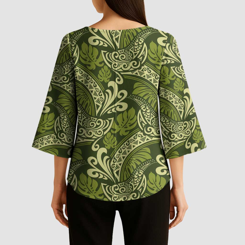 Olive Green Monstera Kimono Sleeve Blouse Polynesian Tribal Pattern - Polynesian Pride