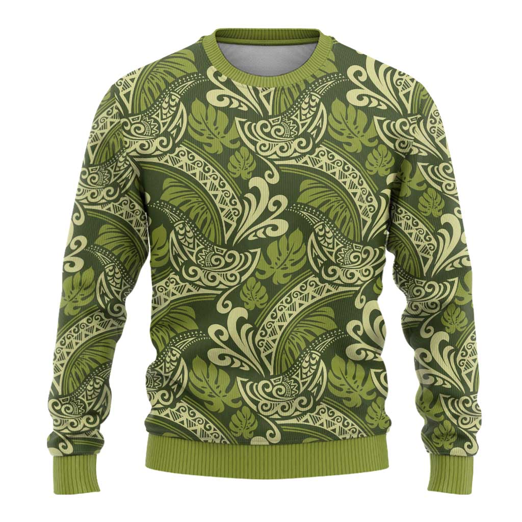 Olive Green Monstera Ugly Christmas Sweater Polynesian Tribal Pattern - Polynesian Pride