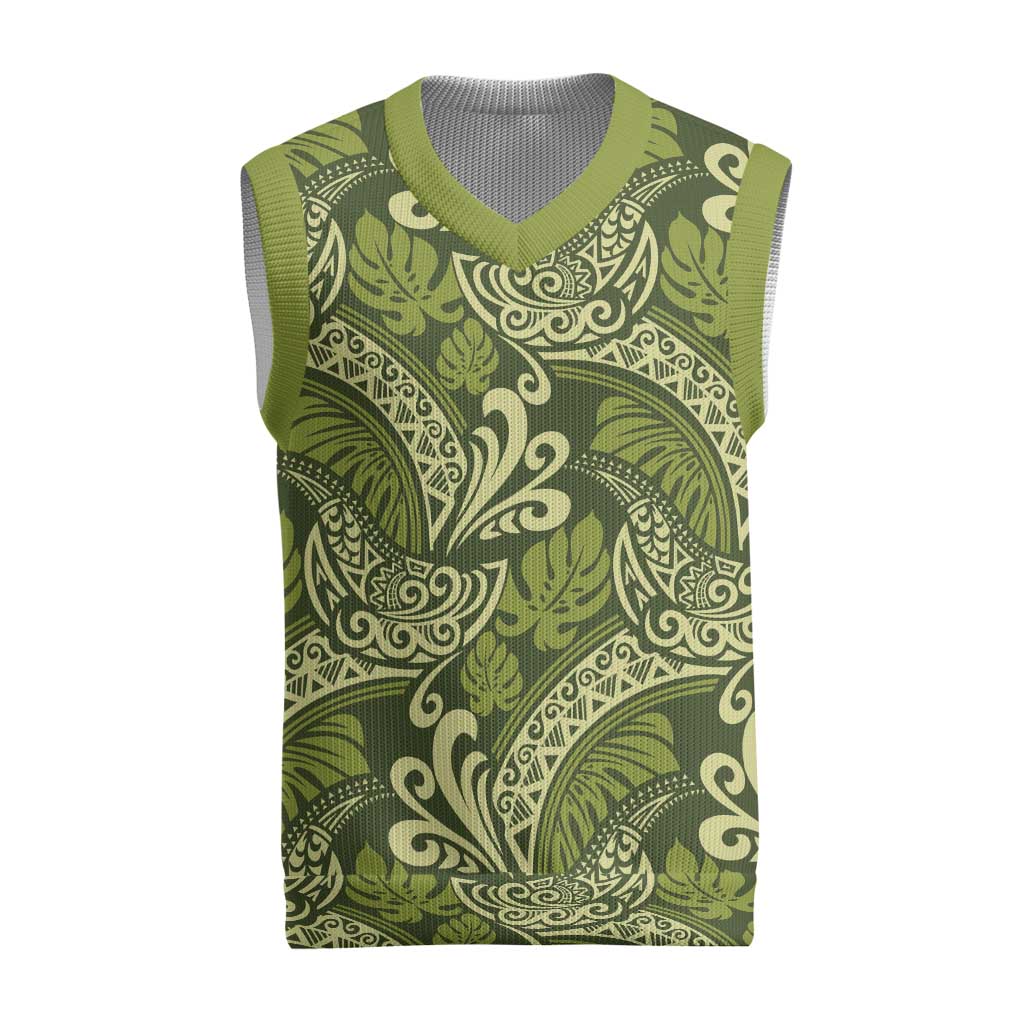 Olive Green Monstera Christmas Knitted V-Neck Vest Polynesian Tribal Pattern - Polynesian Pride