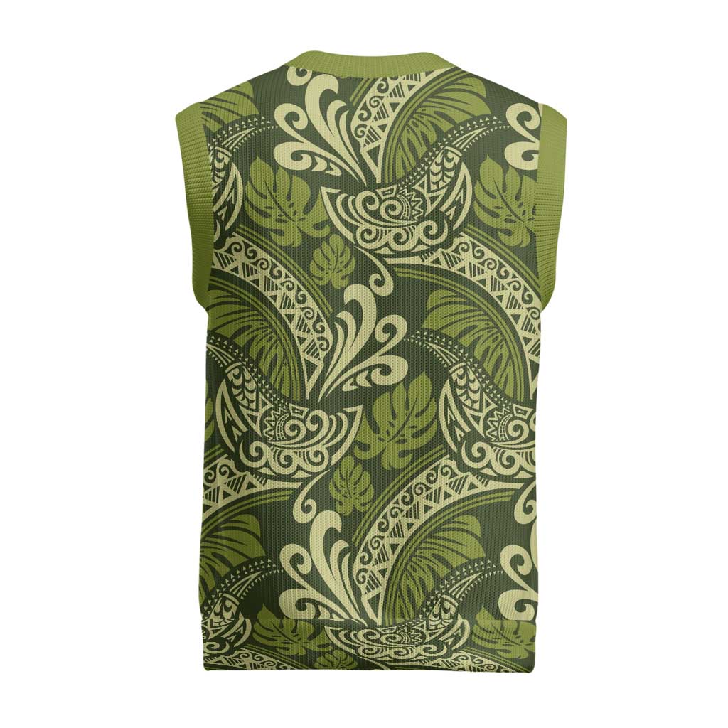 Olive Green Monstera Christmas Knitted V-Neck Vest Polynesian Tribal Pattern - Polynesian Pride