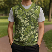 Olive Green Monstera Christmas Knitted V-Neck Vest Polynesian Tribal Pattern - Polynesian Pride