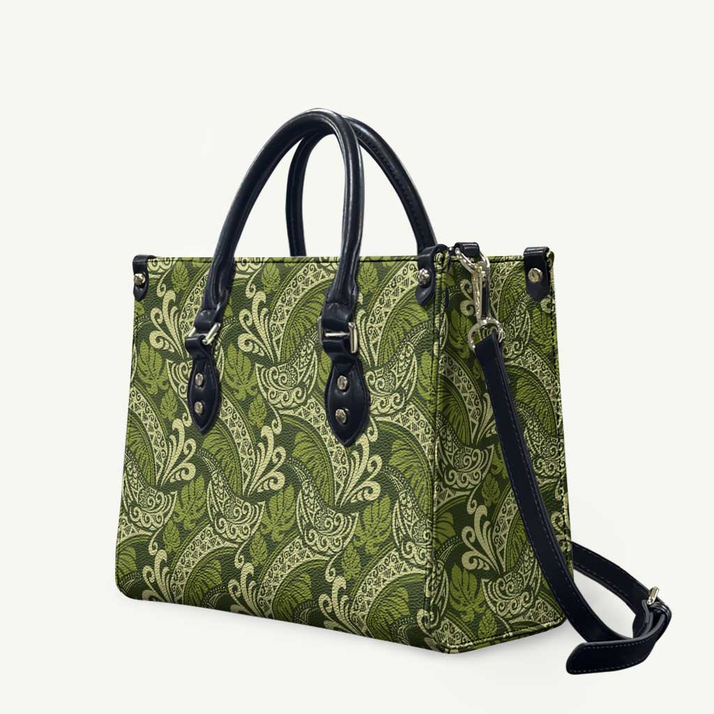 Olive Green Monstera Leather Bag Polynesian Tribal Pattern - Polynesian Pride