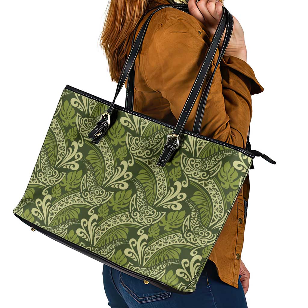 Olive Green Monstera Leather Tote Bag Polynesian Tribal Pattern - Polynesian Pride