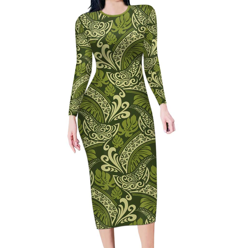 Olive Green Monstera Long Sleeve Bodycon Dress Polynesian Tribal Pattern LT01 Long Dress Green - Polynesian Pride