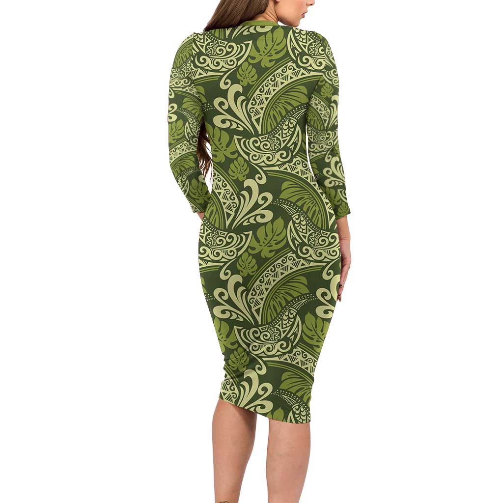 Olive Green Monstera Long Sleeve Bodycon Dress Polynesian Tribal Pattern - Polynesian Pride