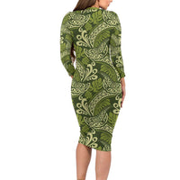Olive Green Monstera Long Sleeve Bodycon Dress Polynesian Tribal Pattern - Polynesian Pride