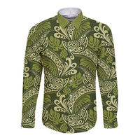 Olive Green Monstera Long Sleeve Button Shirt Polynesian Tribal Pattern - Polynesian Pride