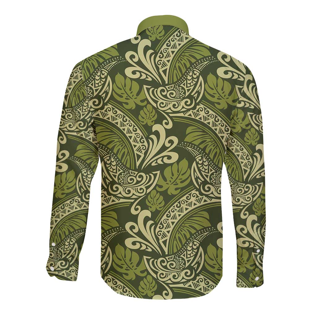 Olive Green Monstera Long Sleeve Button Shirt Polynesian Tribal Pattern - Polynesian Pride