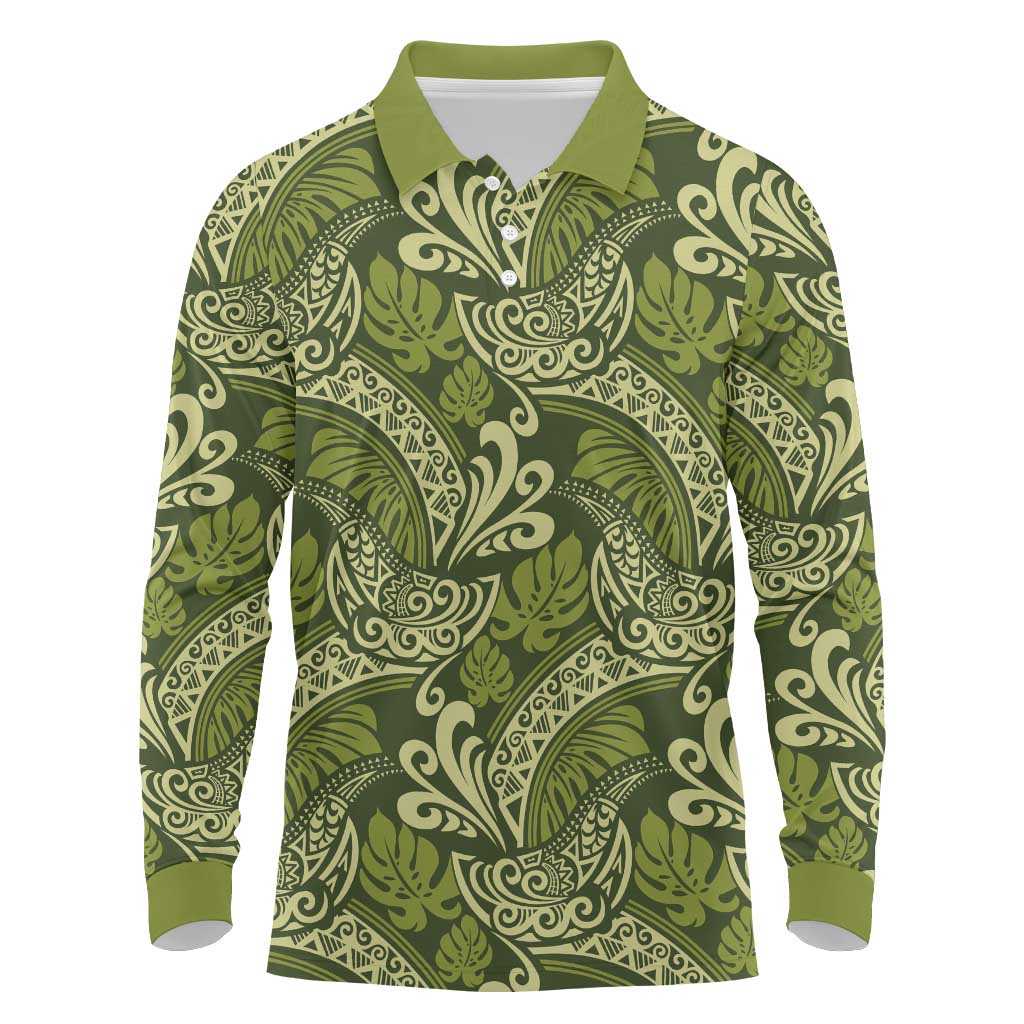 Olive Green Monstera Long Sleeve Polo Shirt Polynesian Tribal Pattern - Polynesian Pride