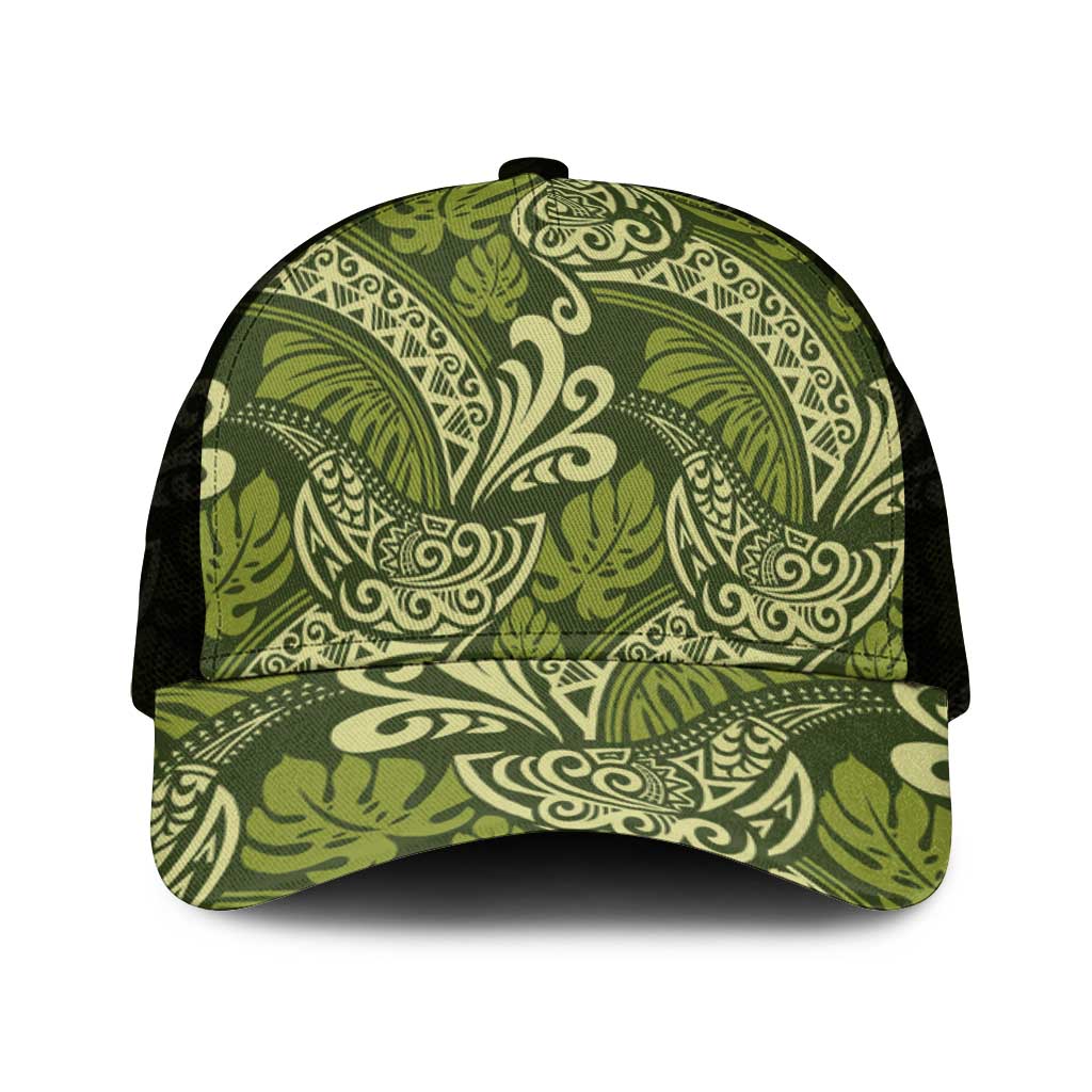 Olive Green Monstera Mesh Trucker Cap Polynesian Tribal Pattern - Polynesian Pride