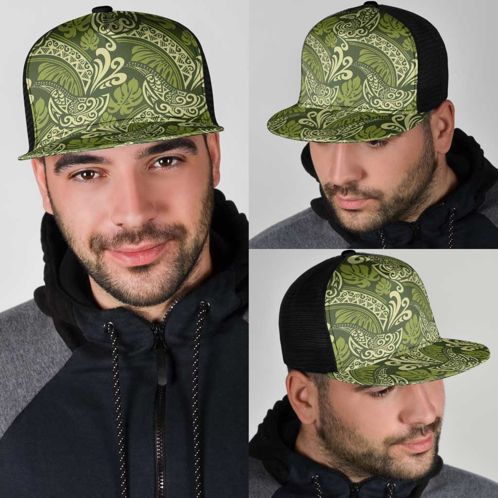 Olive Green Monstera Mesh Trucker Cap Polynesian Tribal Pattern - Polynesian Pride