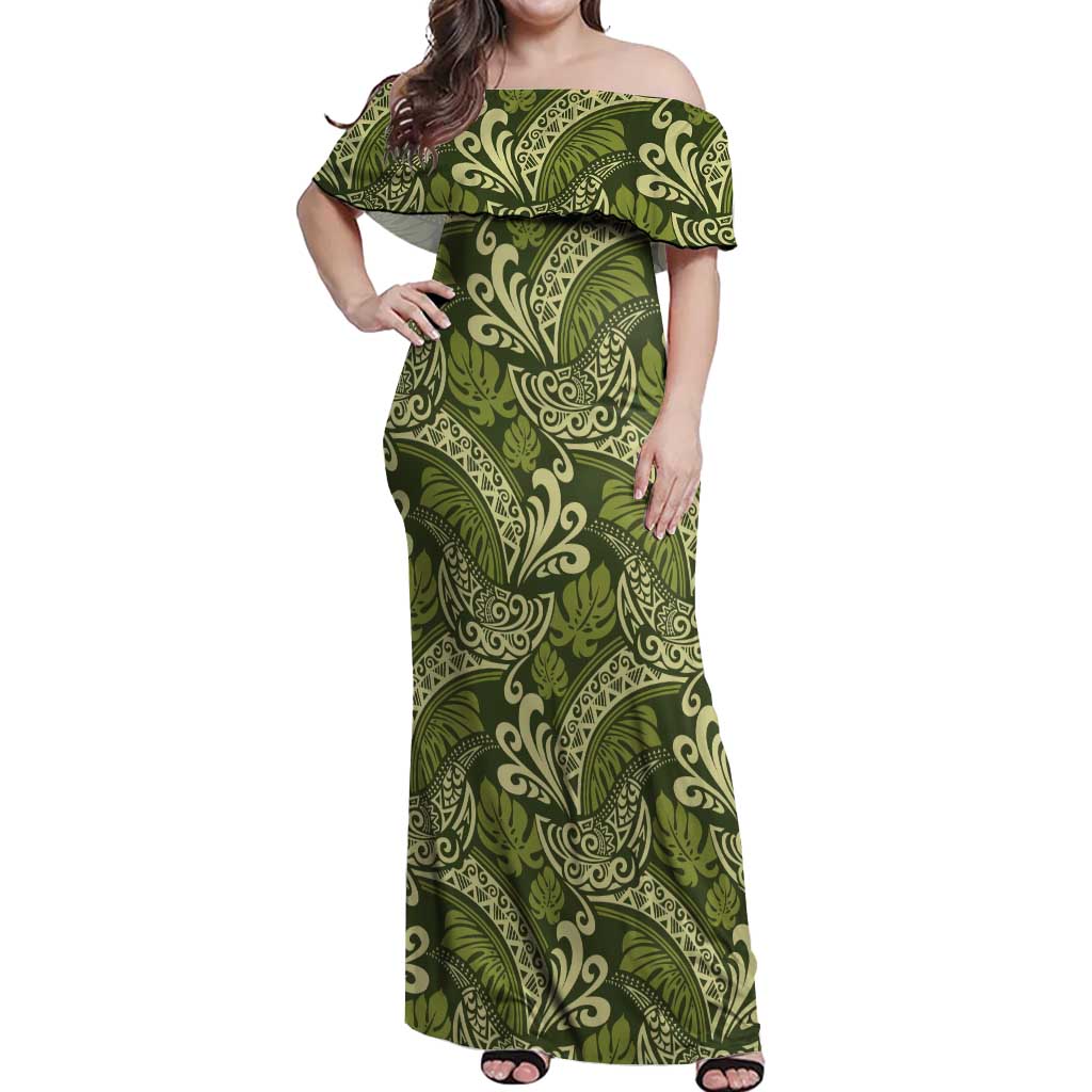 Olive Green Monstera Off Shoulder Maxi Dress Polynesian Tribal Pattern LT01 Women Green - Polynesian Pride
