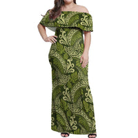 Olive Green Monstera Off Shoulder Maxi Dress Polynesian Tribal Pattern - Polynesian Pride