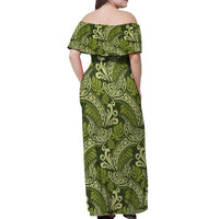 Olive Green Monstera Off Shoulder Maxi Dress Polynesian Tribal Pattern - Polynesian Pride