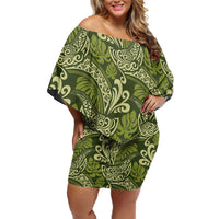 Olive Green Monstera Off Shoulder Short Dress Polynesian Tribal Pattern - Polynesian Pride