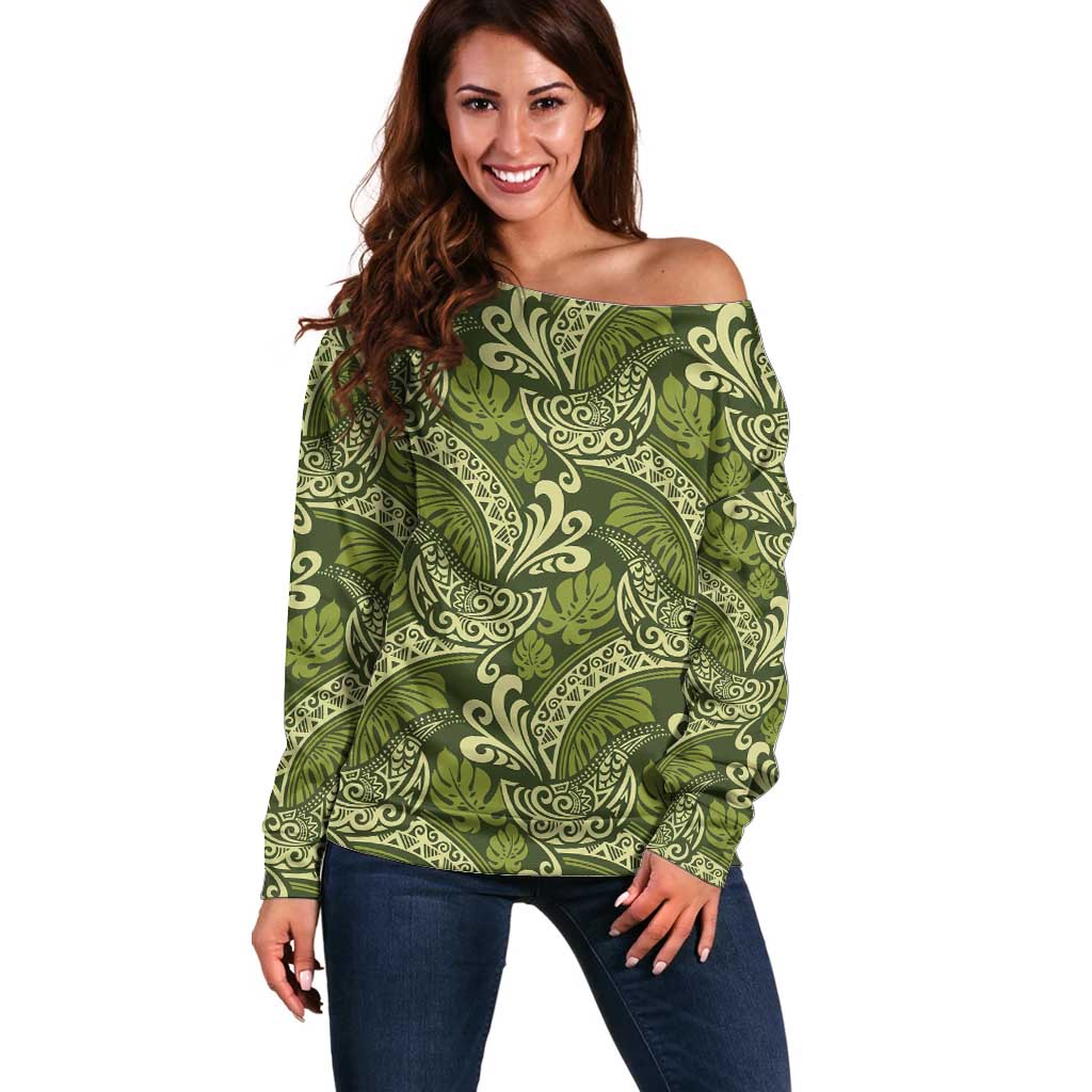 Olive Green Monstera Off Shoulder Sweater Polynesian Tribal Pattern LT01 Women Green - Polynesian Pride