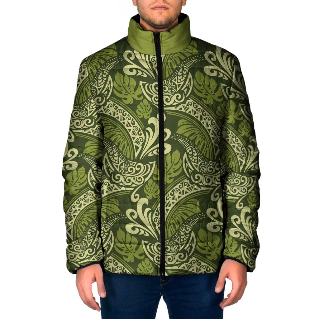 Olive Green Monstera Padded Jacket Polynesian Tribal Pattern LT01 Men Green - Polynesian Pride