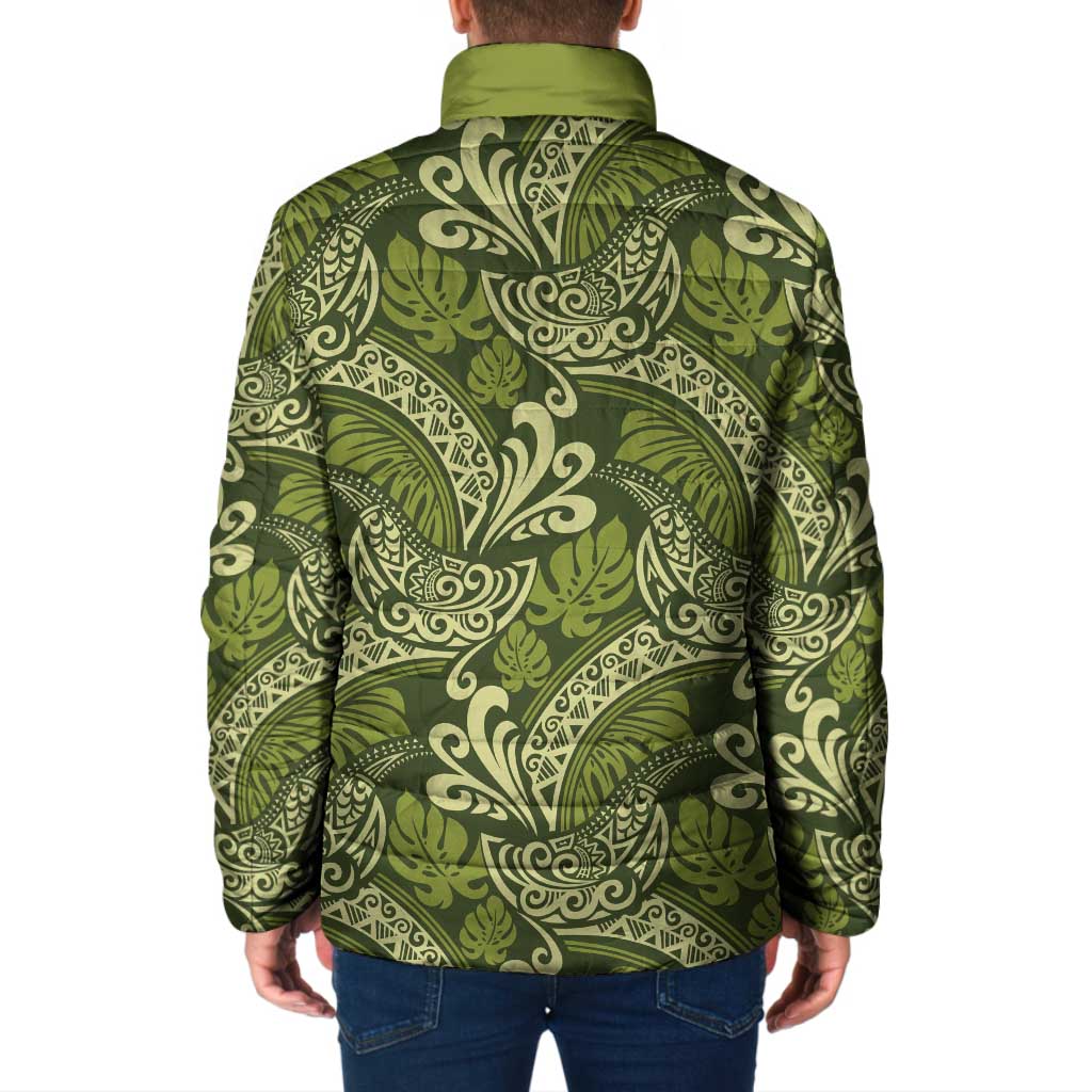Olive Green Monstera Padded Jacket Polynesian Tribal Pattern - Polynesian Pride
