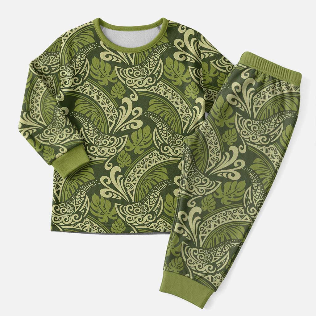 Olive Green Monstera Christmas Pajama Set Polynesian Tribal Pattern - Polynesian Pride
