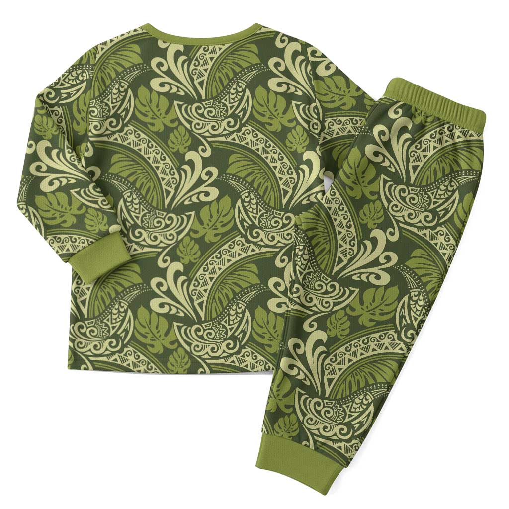Olive Green Monstera Christmas Pajama Set Polynesian Tribal Pattern - Polynesian Pride