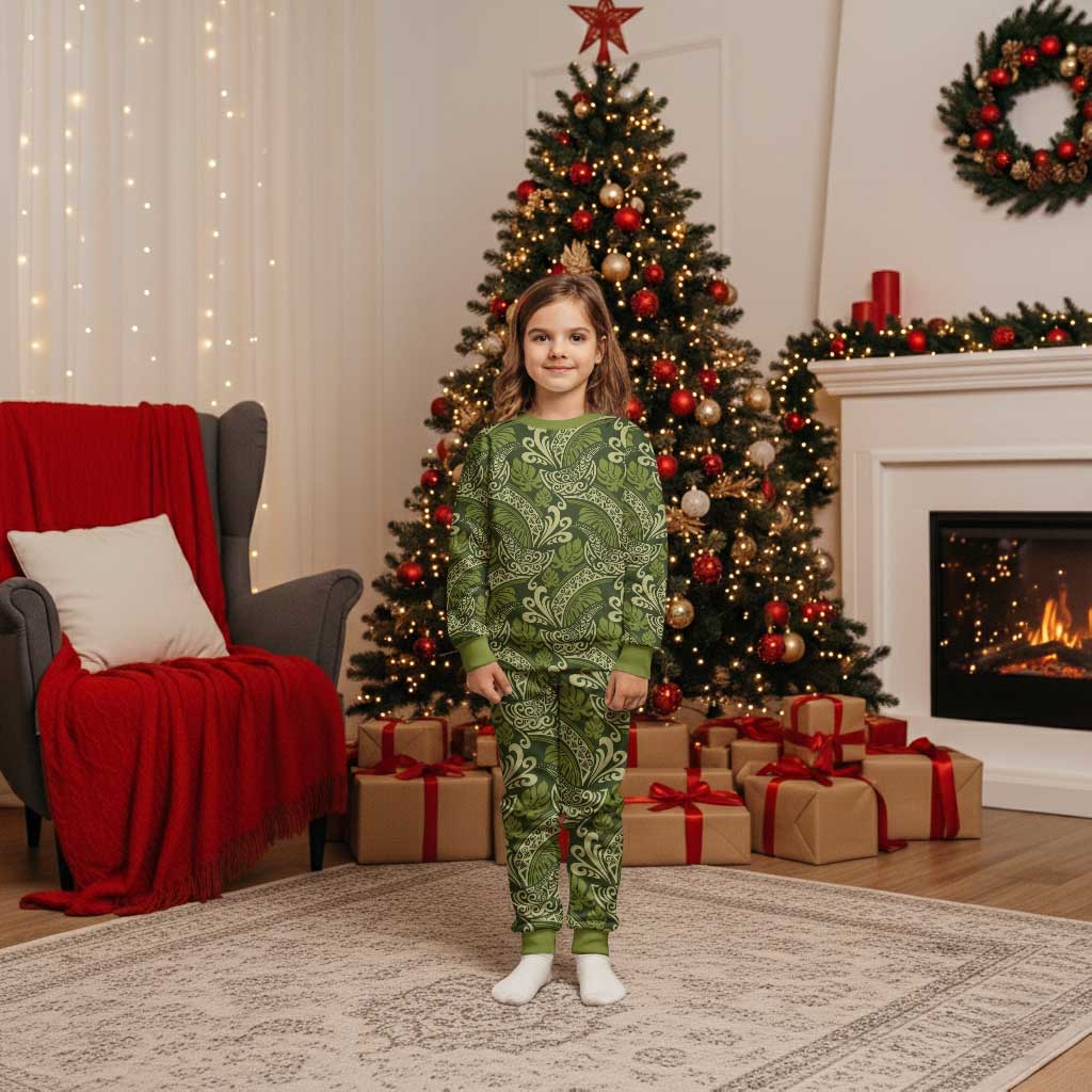 Olive Green Monstera Christmas Pajama Set Polynesian Tribal Pattern - Polynesian Pride