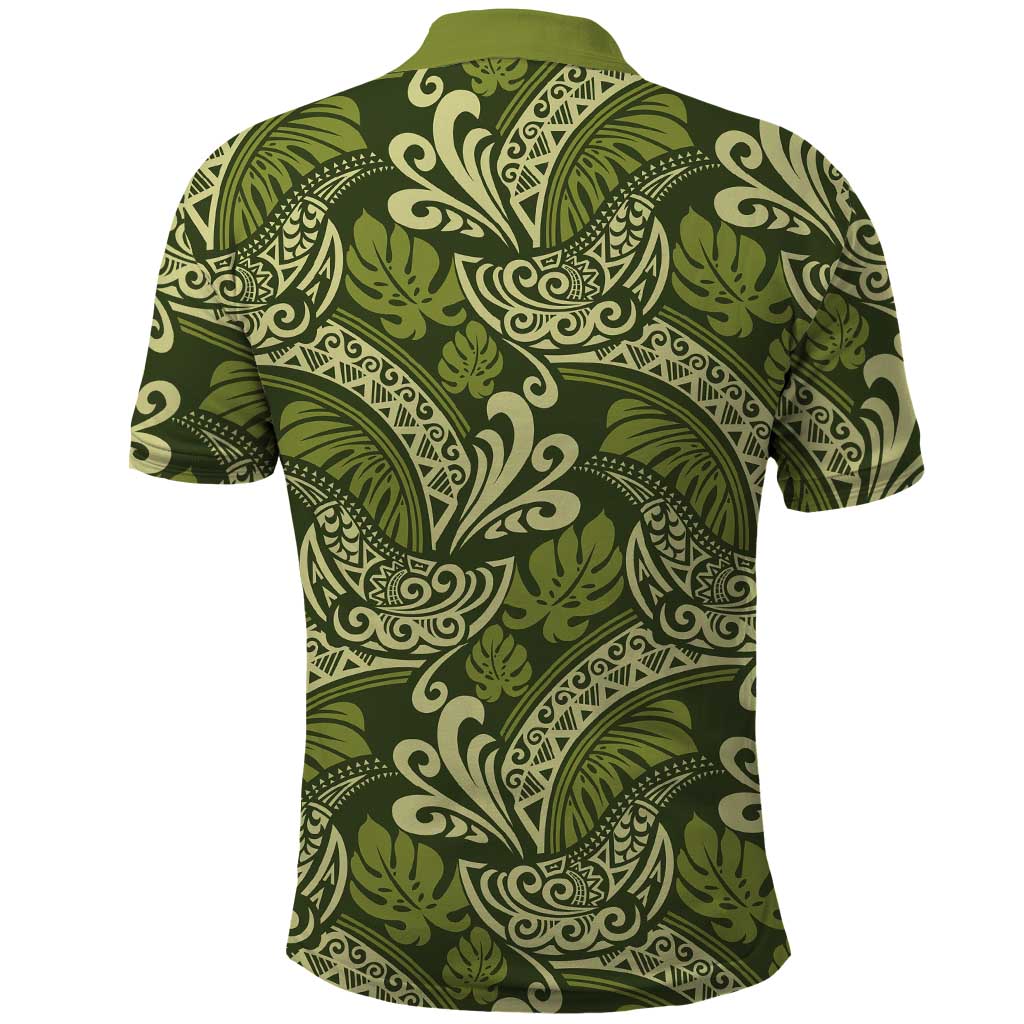 Olive Green Monstera Polo Shirt Polynesian Tribal Pattern - Polynesian Pride