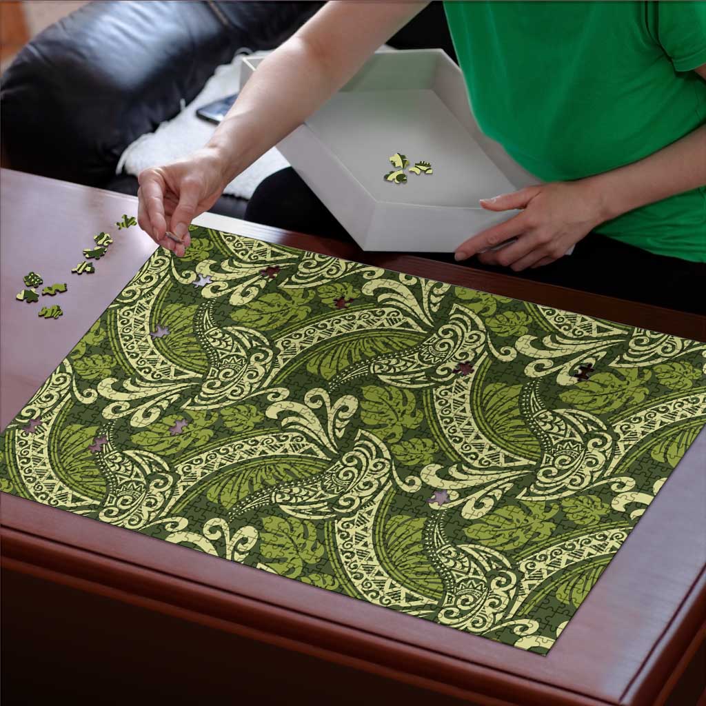 Olive Green Monstera Puzzle Polynesian Tribal Pattern - Polynesian Pride