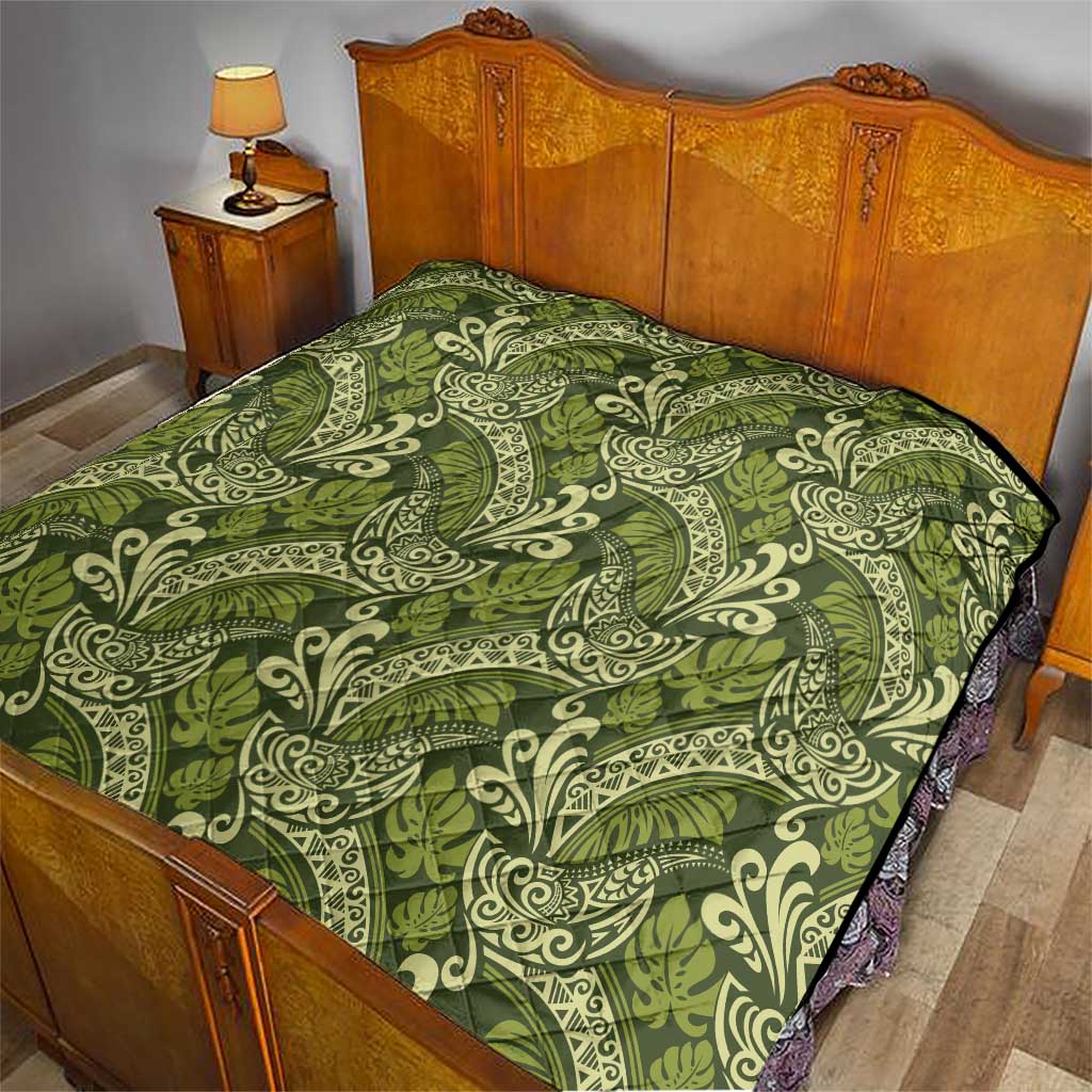 Olive Green Monstera Quilt Polynesian Tribal Pattern - Polynesian Pride