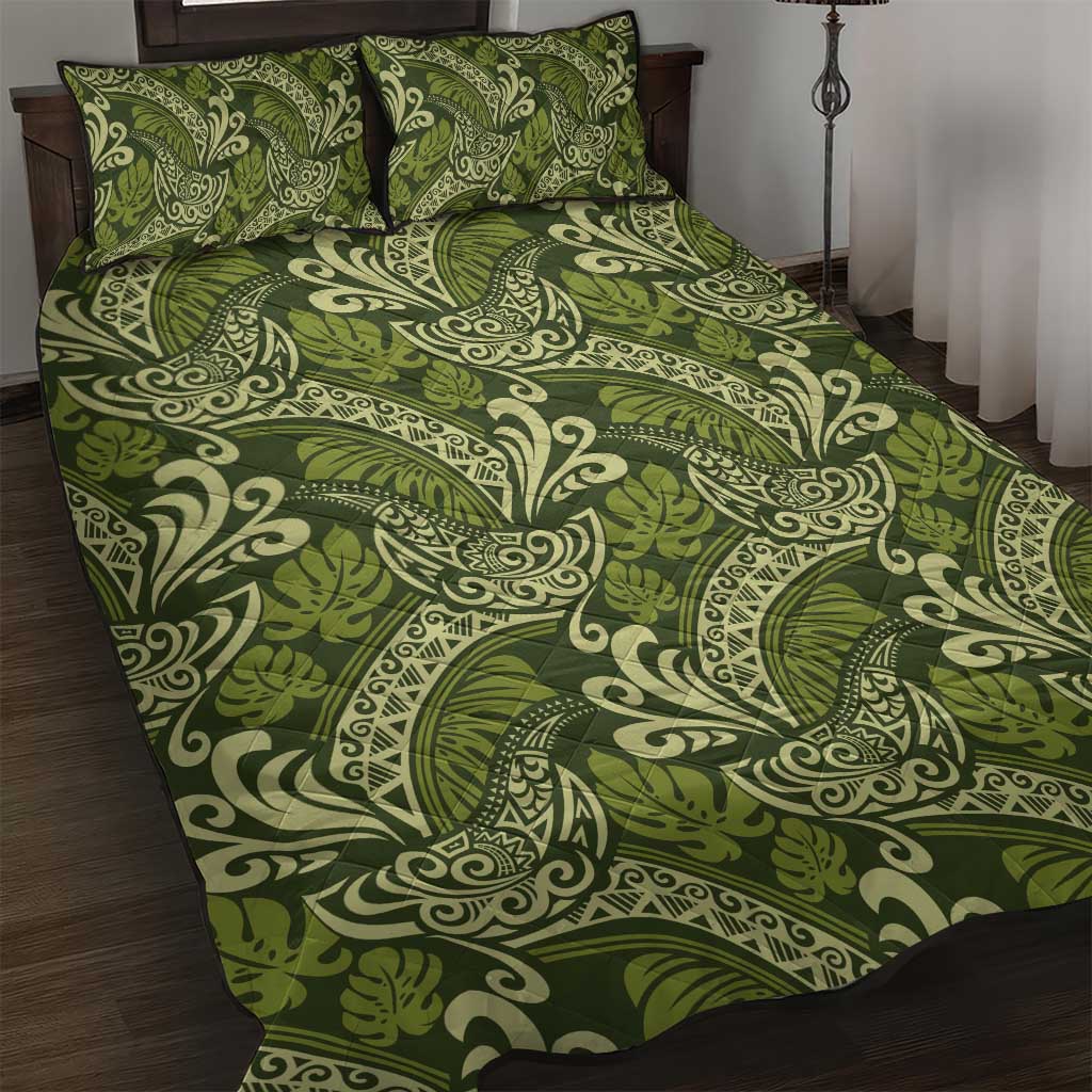 Olive Green Monstera Quilt Bed Set Polynesian Tribal Pattern - Polynesian Pride
