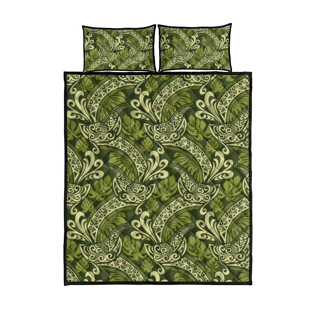 Olive Green Monstera Quilt Bed Set Polynesian Tribal Pattern - Polynesian Pride